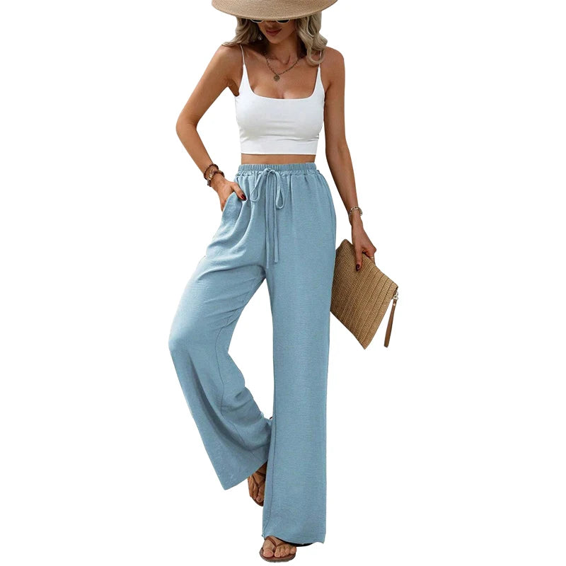 Pantalon Fluide Femme Taille Élastique avec Poches et Nœud en Mélange de Tissus Doux 7