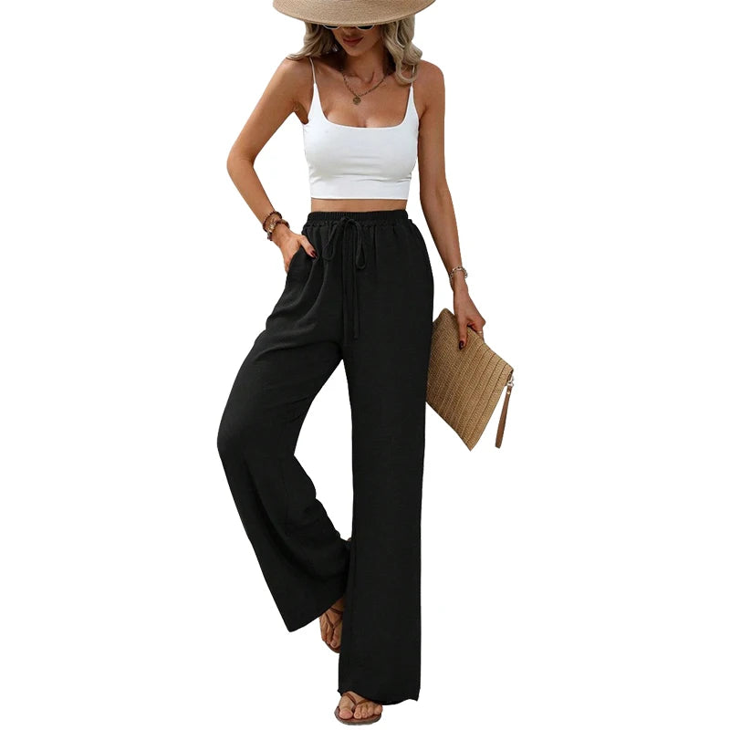 Pantalon Fluide Femme Taille Élastique avec Poches et Nœud en Mélange de Tissus Doux 8