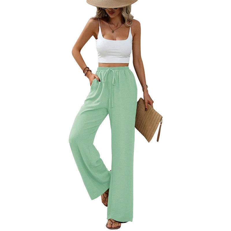 Pantalon Fluide Femme Taille Élastique avec Poches et Nœud en Mélange de Tissus Doux 9