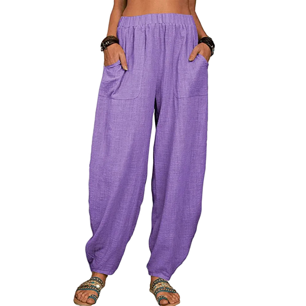 Pantalon Large Femme en Lin Coton Casual Taille Haute 0
