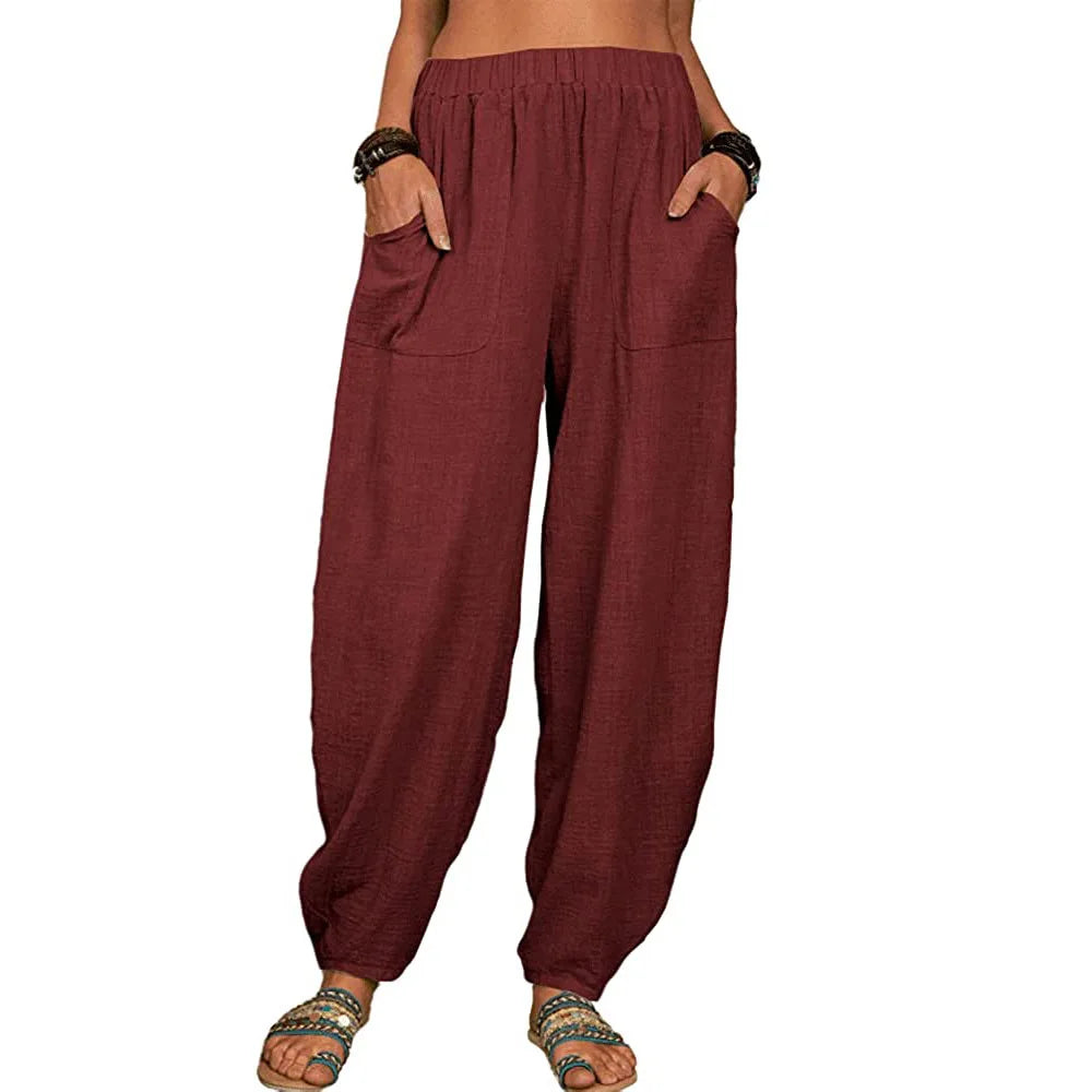 Pantalon Large Femme en Lin Coton Casual Taille Haute 1