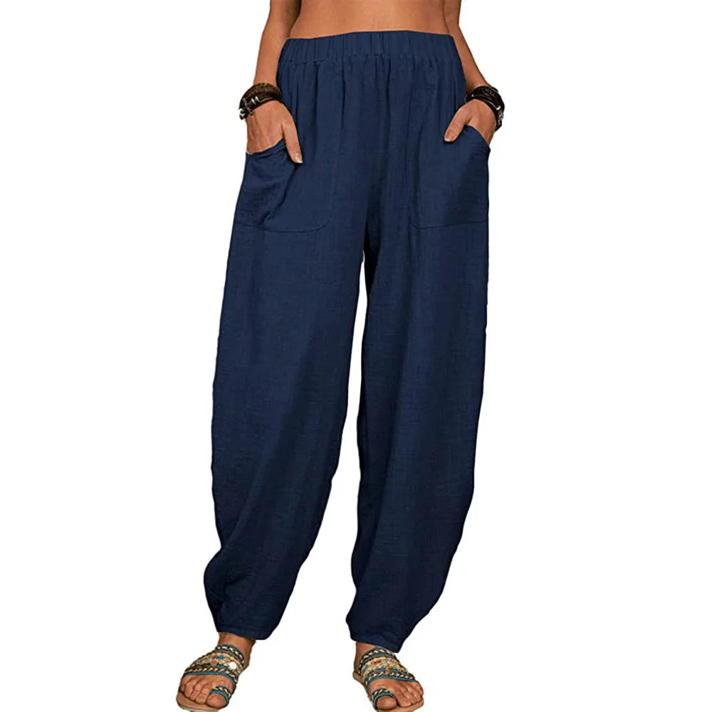 Pantalon Large Femme en Lin Coton Casual Taille Haute 2