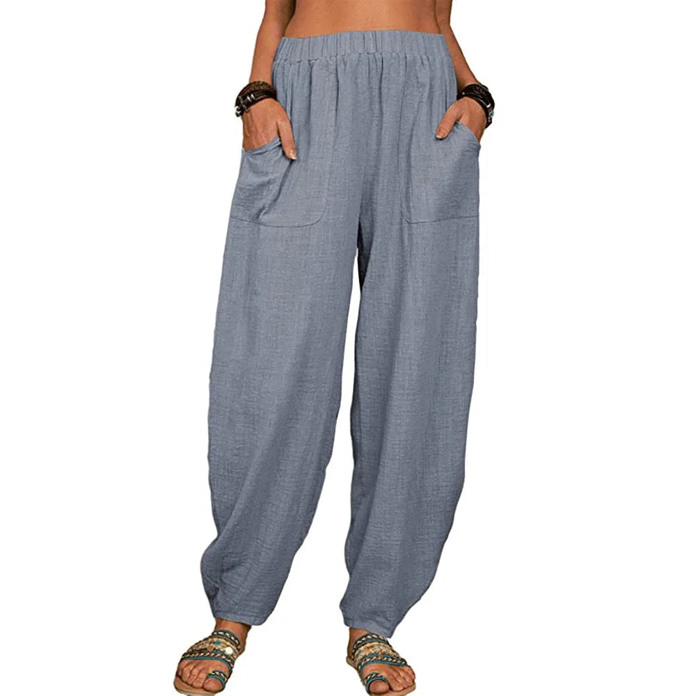 Pantalon Large Femme en Lin Coton Casual Taille Haute 3
