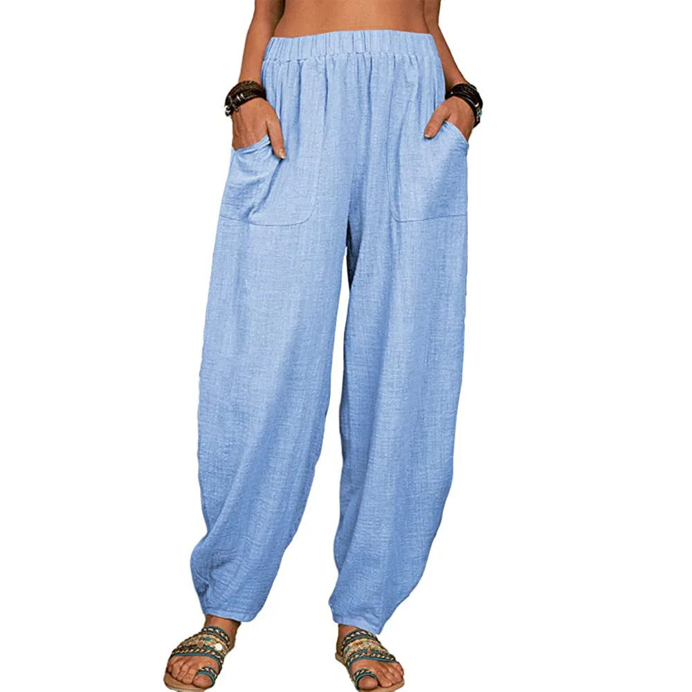 Pantalon Large Femme en Lin Coton Casual Taille Haute 4
