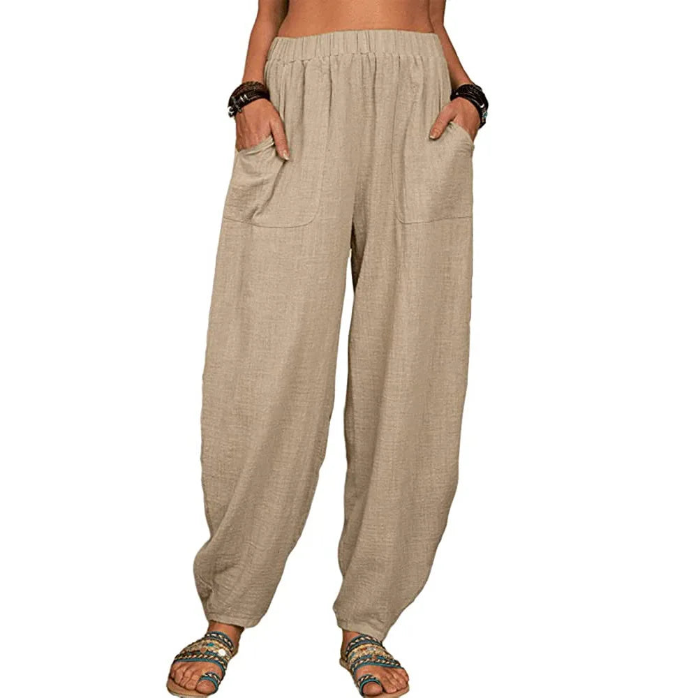 Pantalon Large Femme en Lin Coton Casual Taille Haute 6