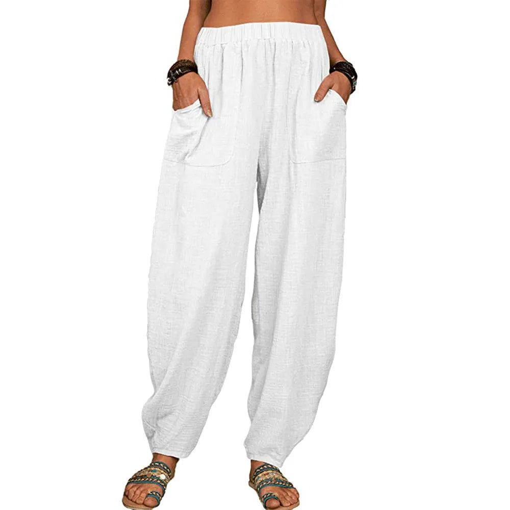 Pantalon Large Femme en Lin Coton Casual Taille Haute 8