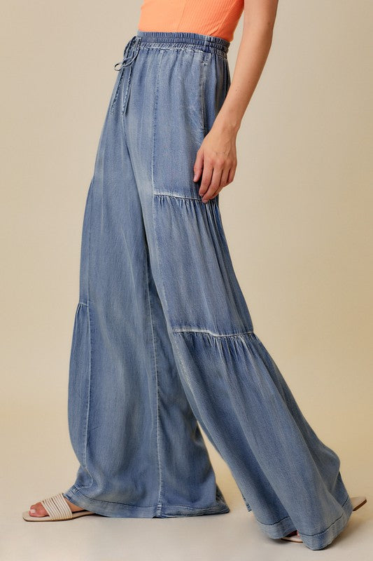 Pantalon Large à Volants en Denim Lavé pour Femme 2