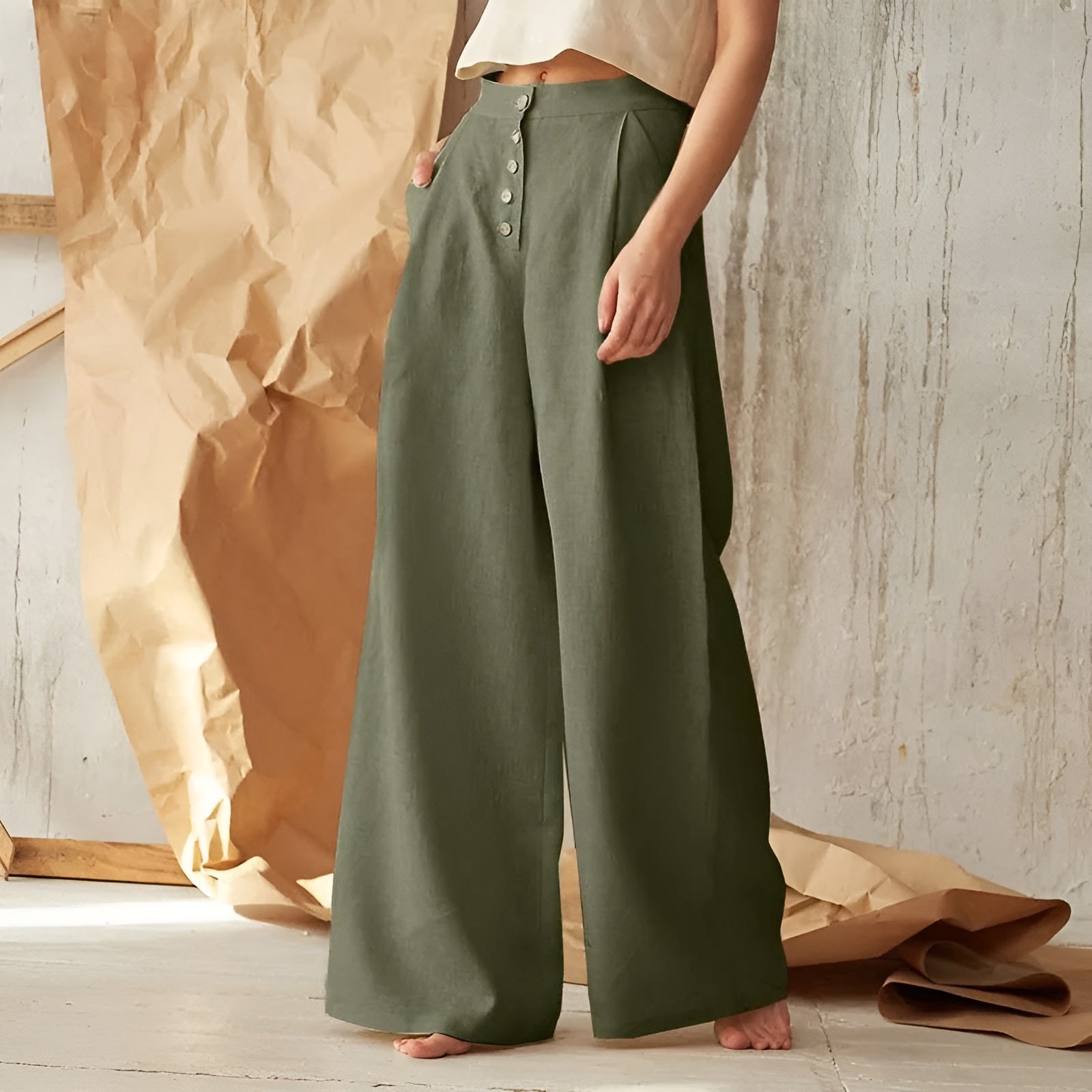 Pantalon Palazzo Boutonné Femme Chic 1