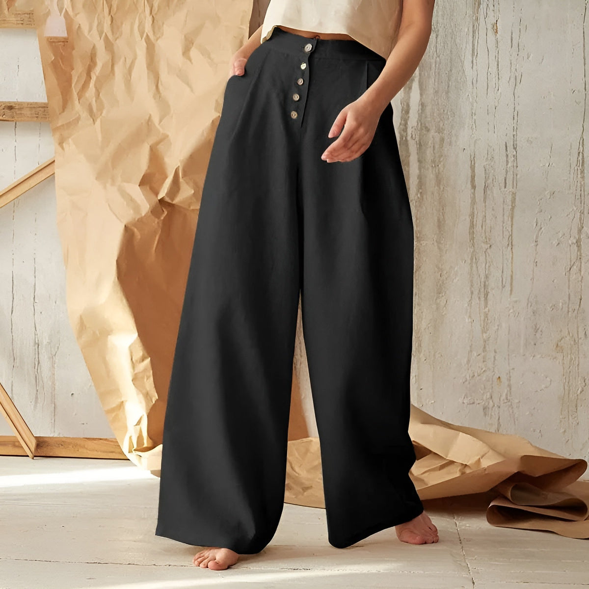 Pantalon Palazzo Boutonné Femme Chic 2