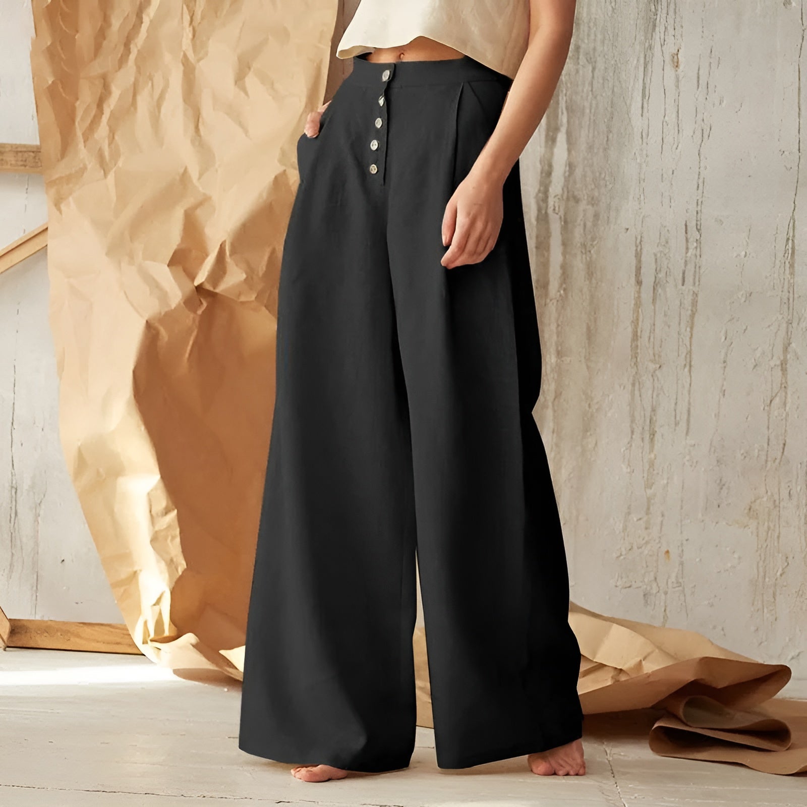 Pantalon Palazzo Boutonné Femme Chic 3