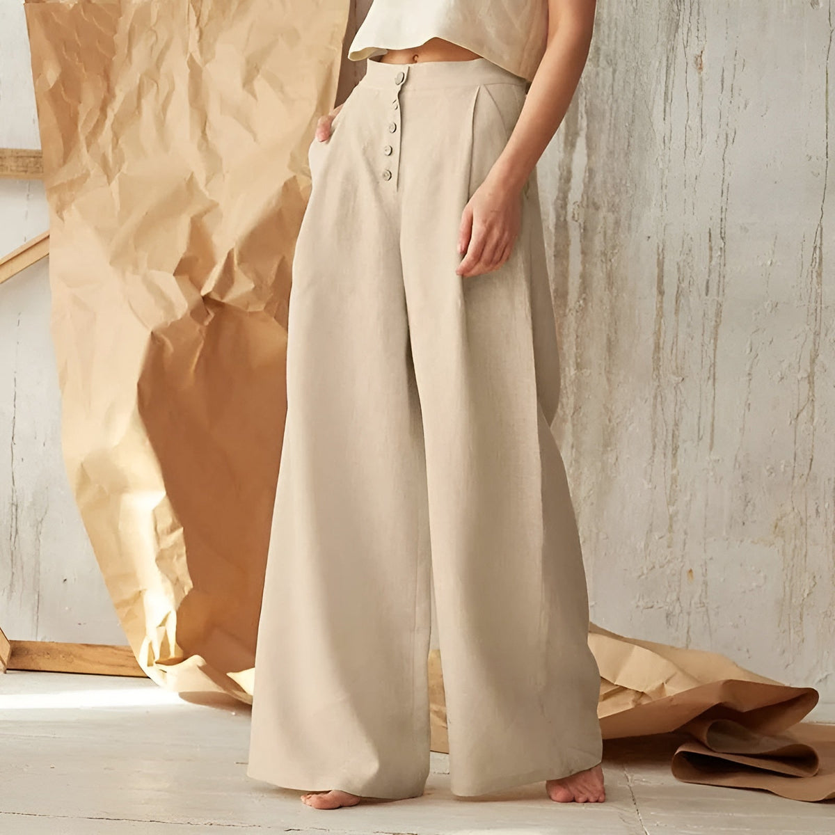 Pantalon Palazzo Boutonné Femme Chic 4