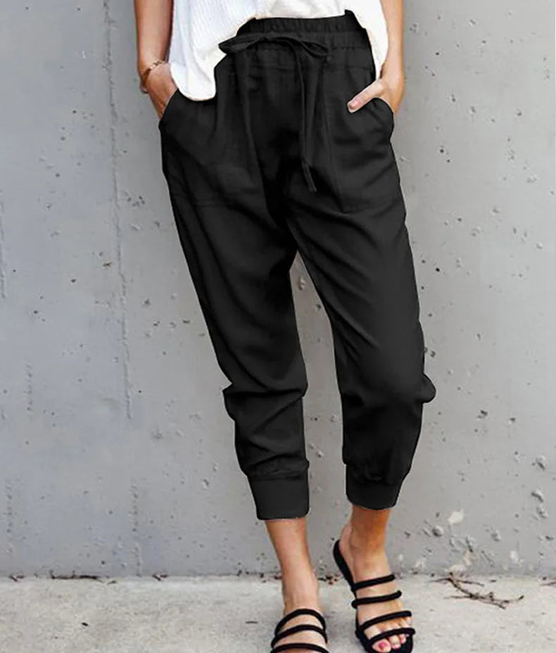 Pantalon Slim Femme Taille Haute en Couleur Unie avec Lacets 1
