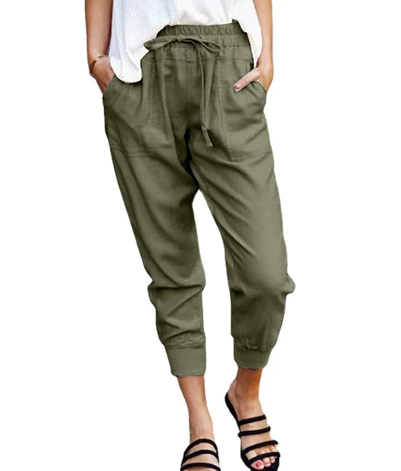 Pantalon Slim Femme Taille Haute en Couleur Unie avec Lacets 4