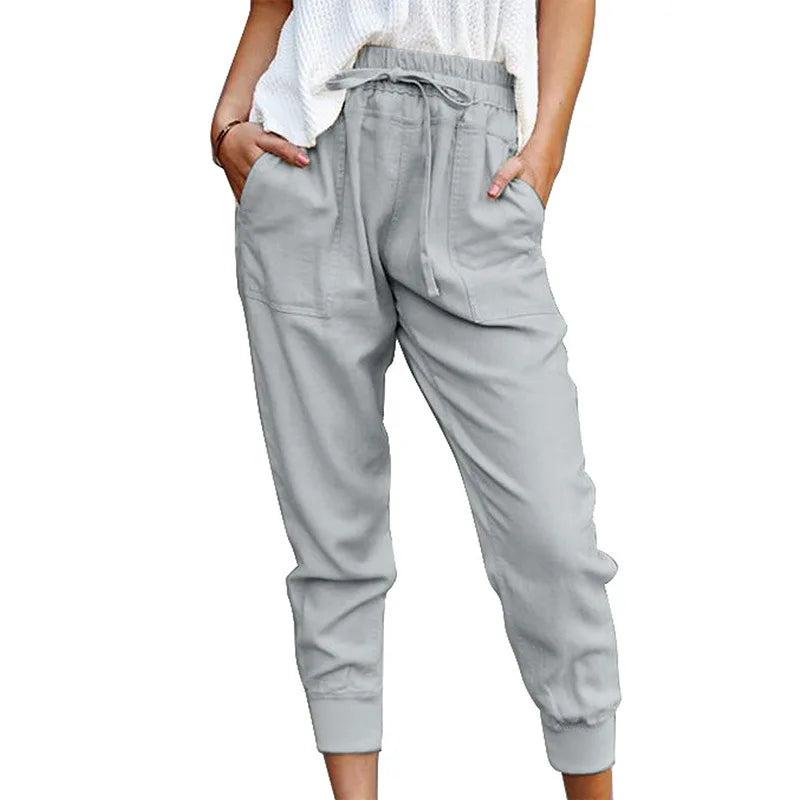 Pantalon Slim Femme Taille Haute en Couleur Unie avec Lacets 7