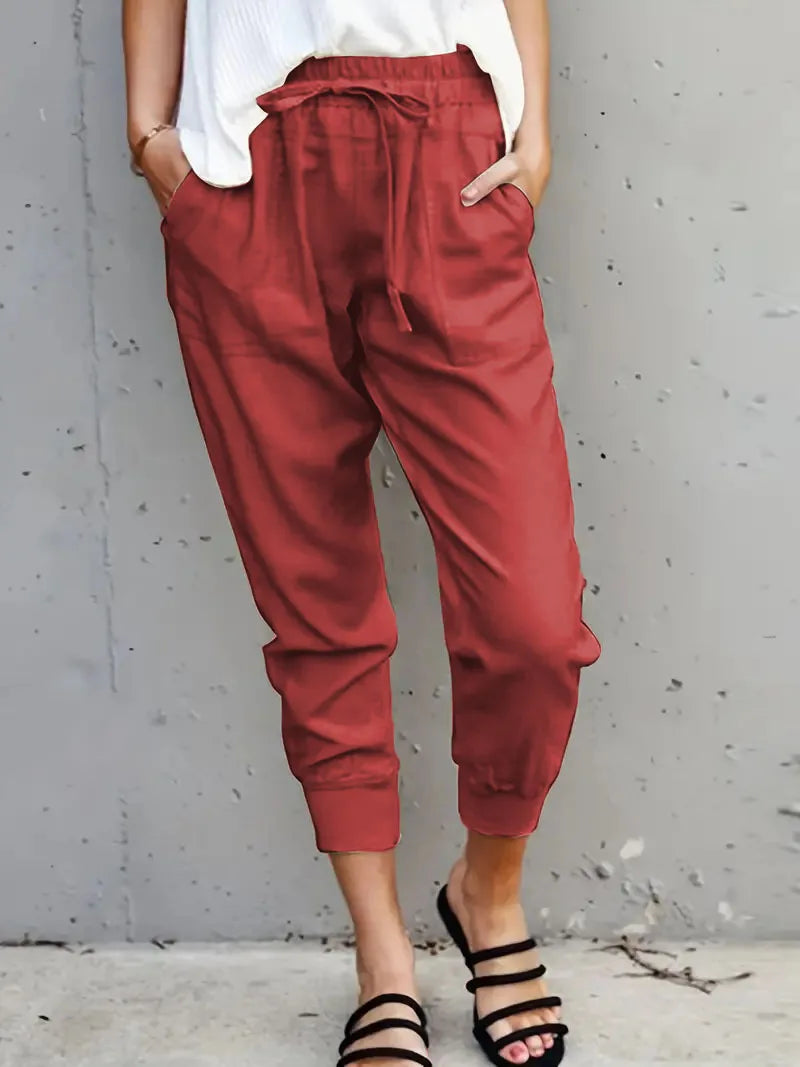 Pantalon Slim Femme Taille Haute en Couleur Unie avec Lacets 8