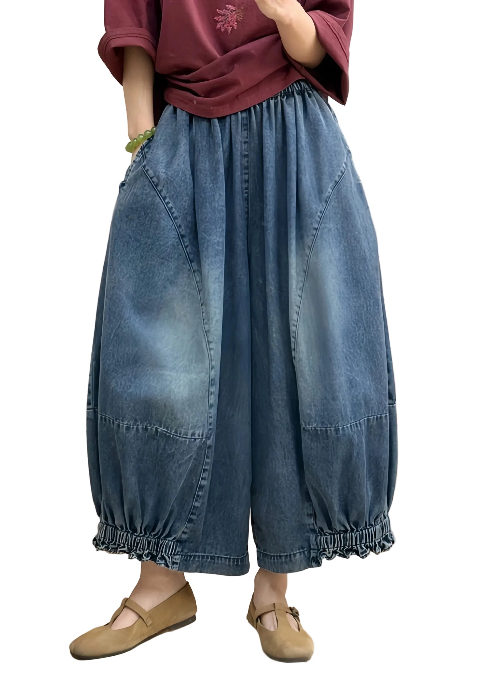 Pantalon ample pour femme style lanterne en denim patchwork 0