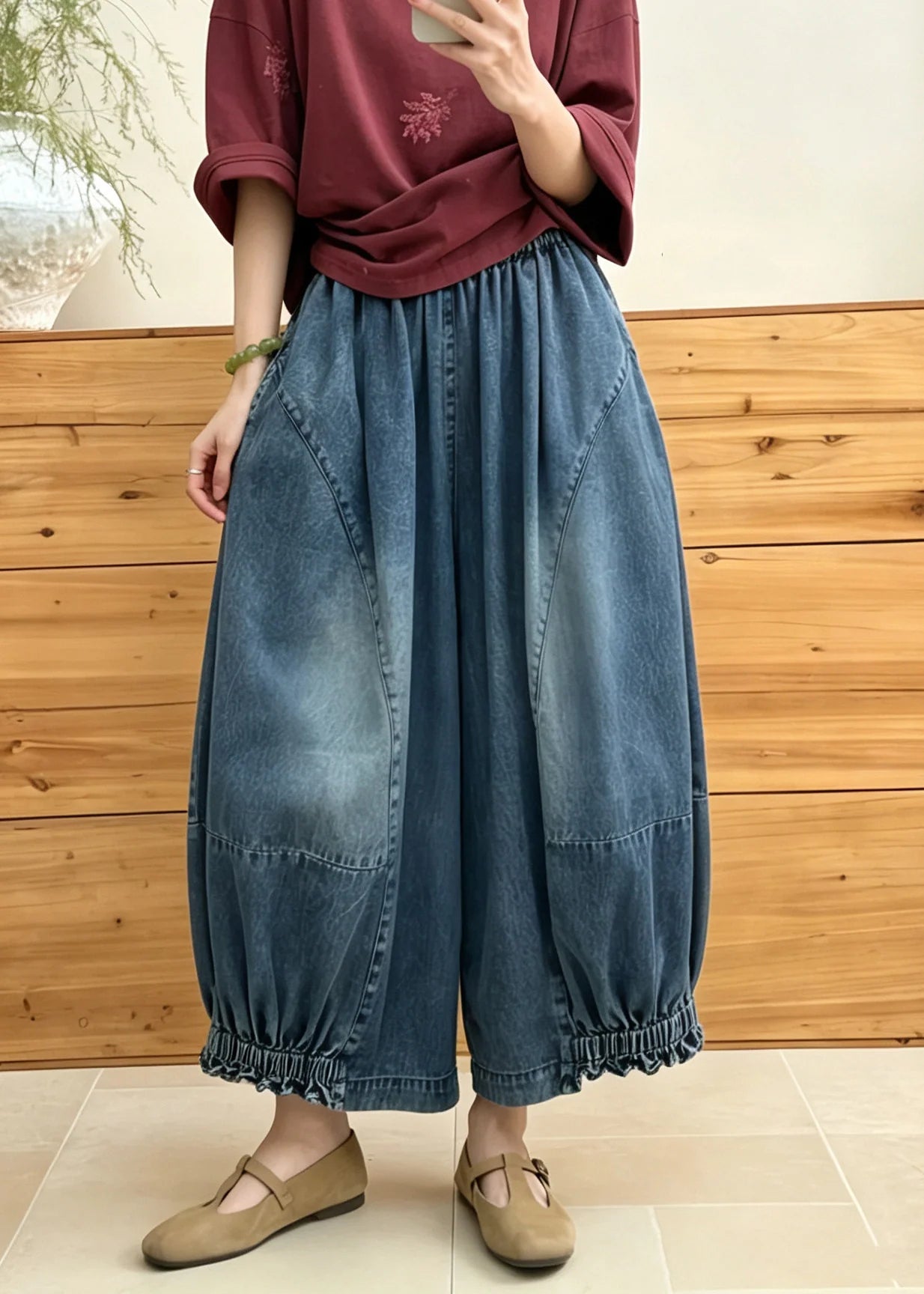 Pantalon ample pour femme style lanterne en denim patchwork 3