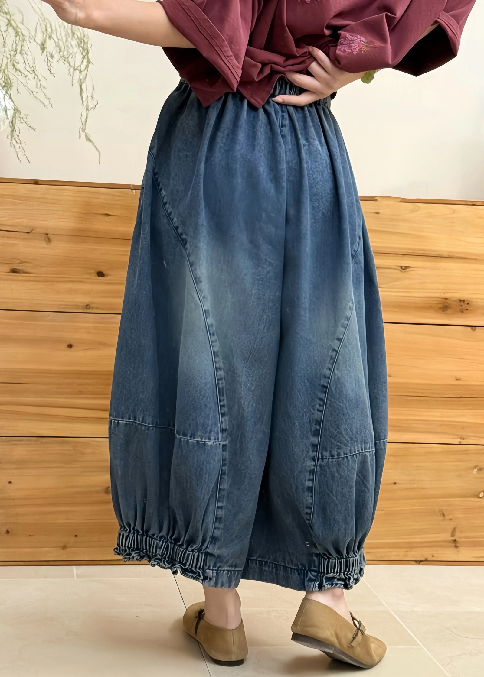 Pantalon ample pour femme style lanterne en denim patchwork 4