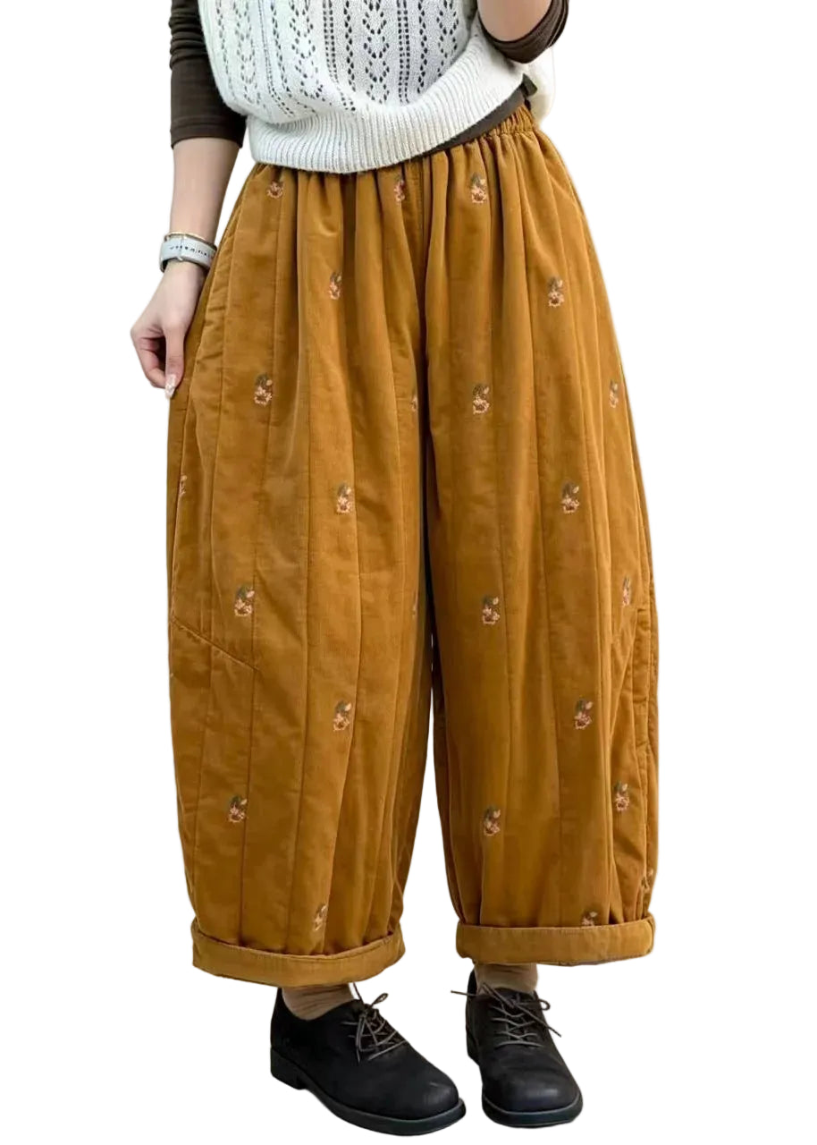 Pantalon court ample brodé à revers pour femme 0