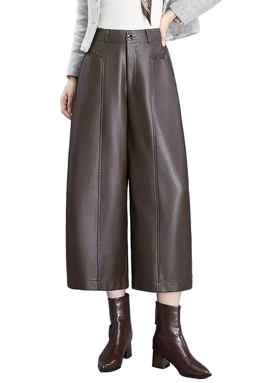Pantalon court femme à jambes larges et taille haute 0