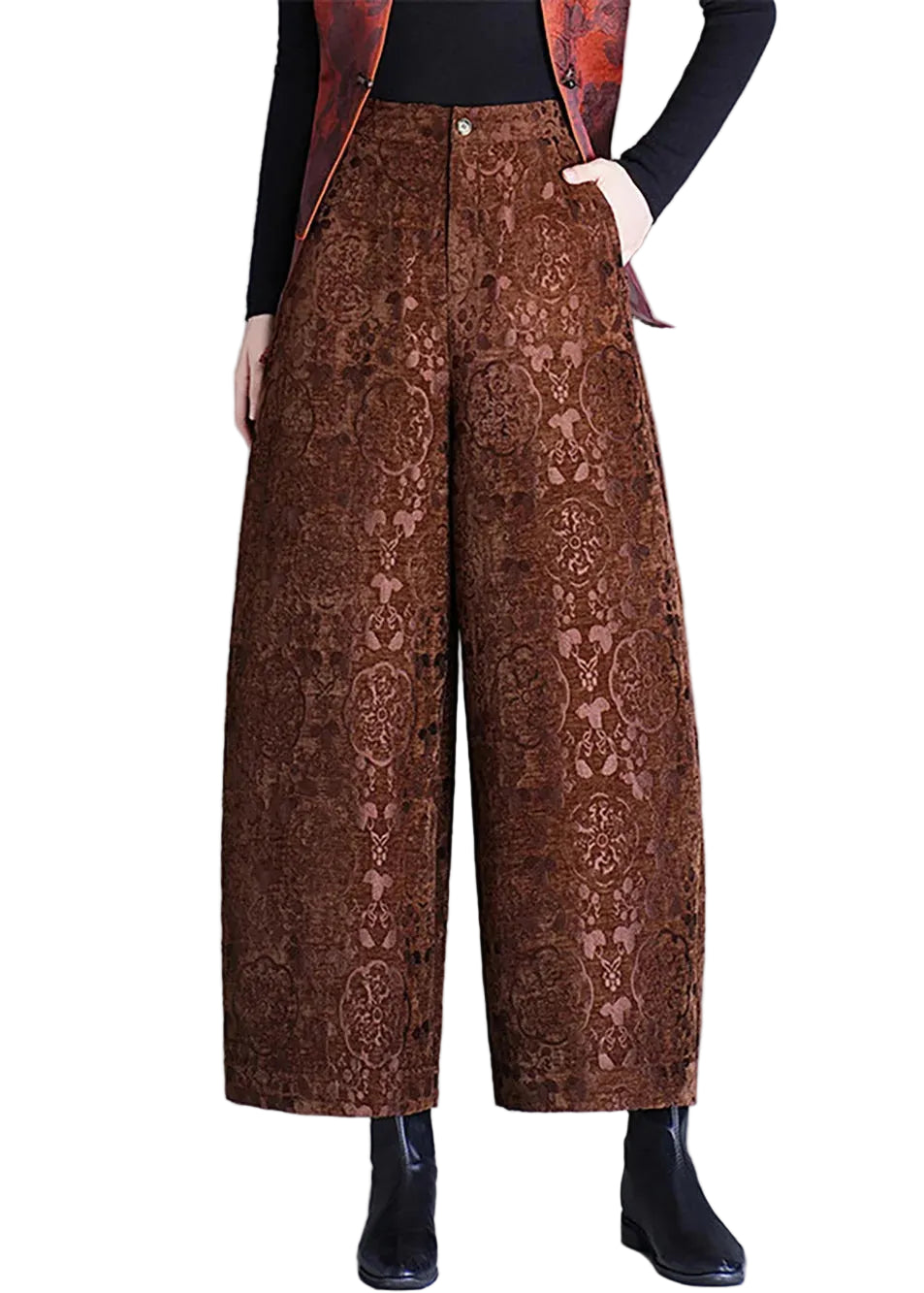 Pantalon court femme à jambes larges style chinois 0