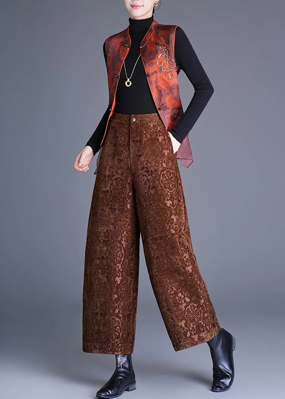 Pantalon court femme à jambes larges style chinois 2