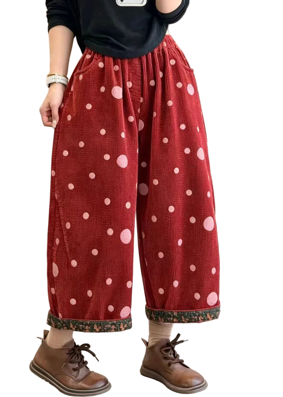 Pantalon court femme à pois rouges taille élastique et ourlet retroussé 0