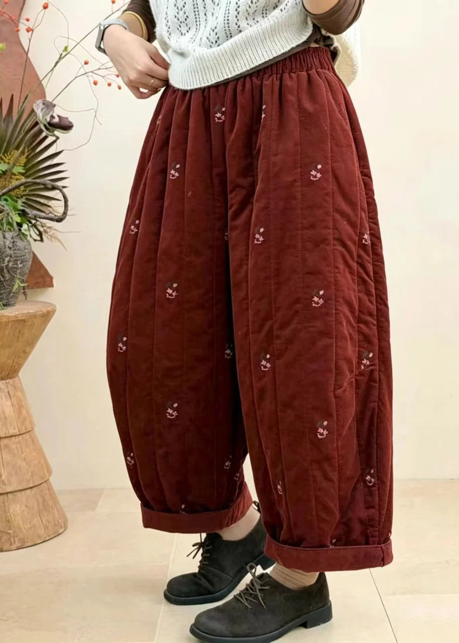 Pantalon court femme brodé taille élastique automnal 1