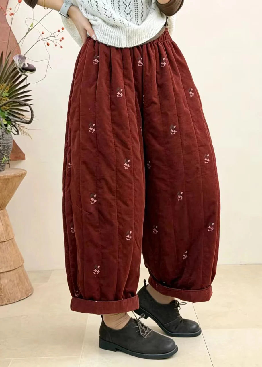 Pantalon court femme brodé taille élastique automnal 2