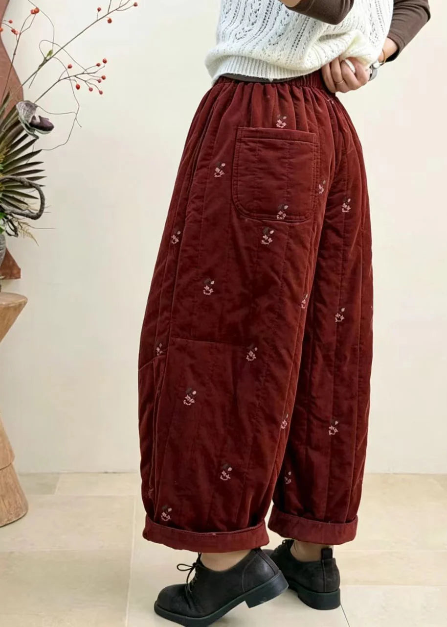 Pantalon court femme brodé taille élastique automnal 3