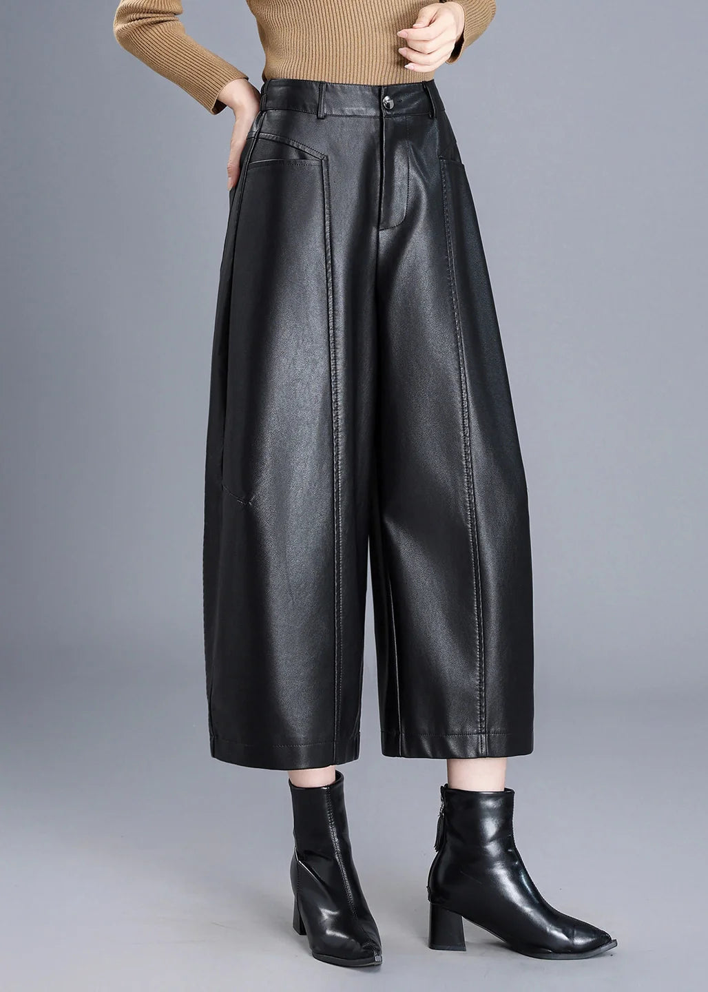 Pantalon court femme taille haute jambes larges 1
