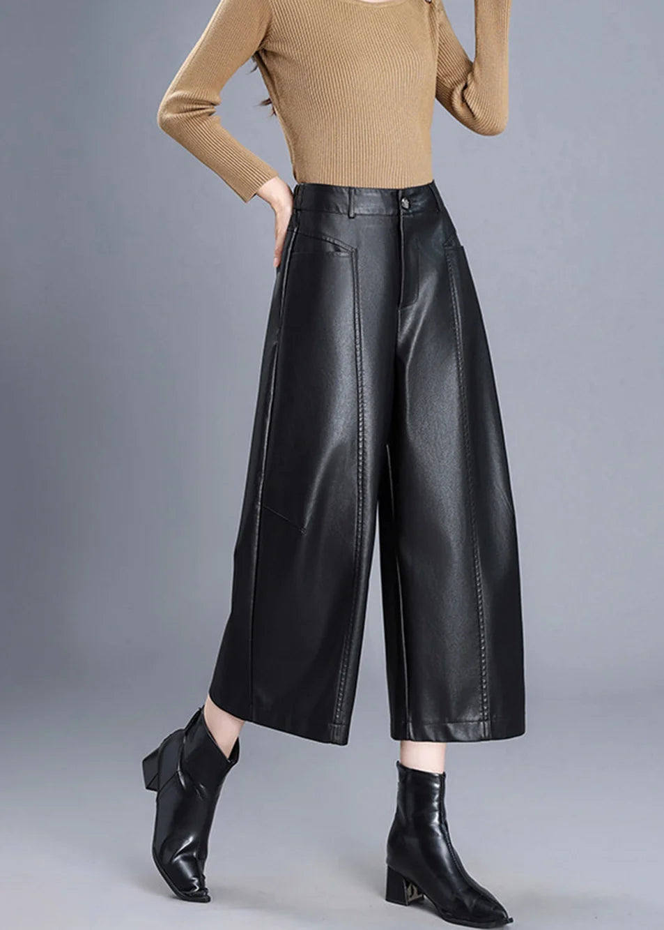 Pantalon court femme taille haute jambes larges 2