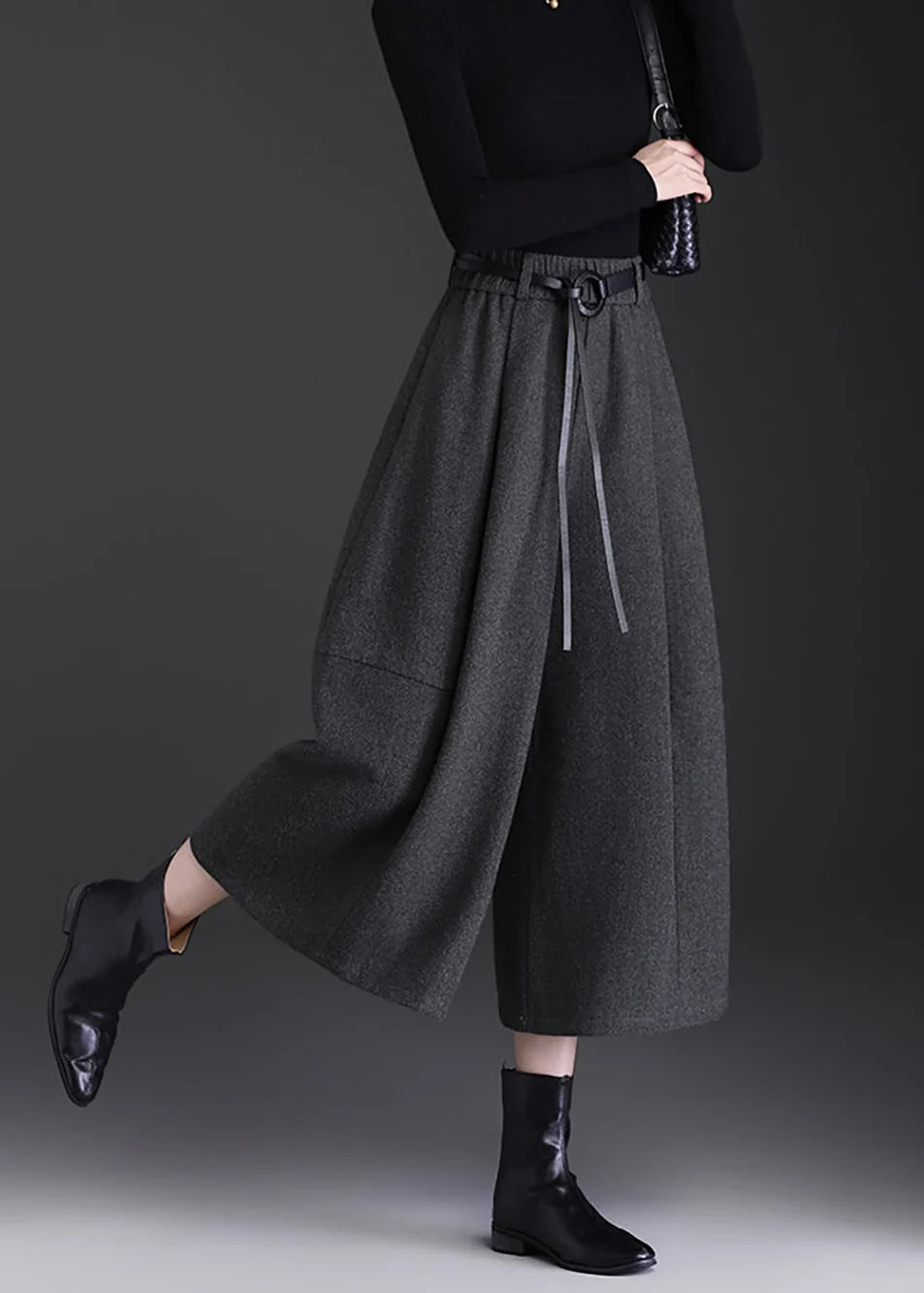 Pantalon court femme taille haute jambes larges décontracté 2