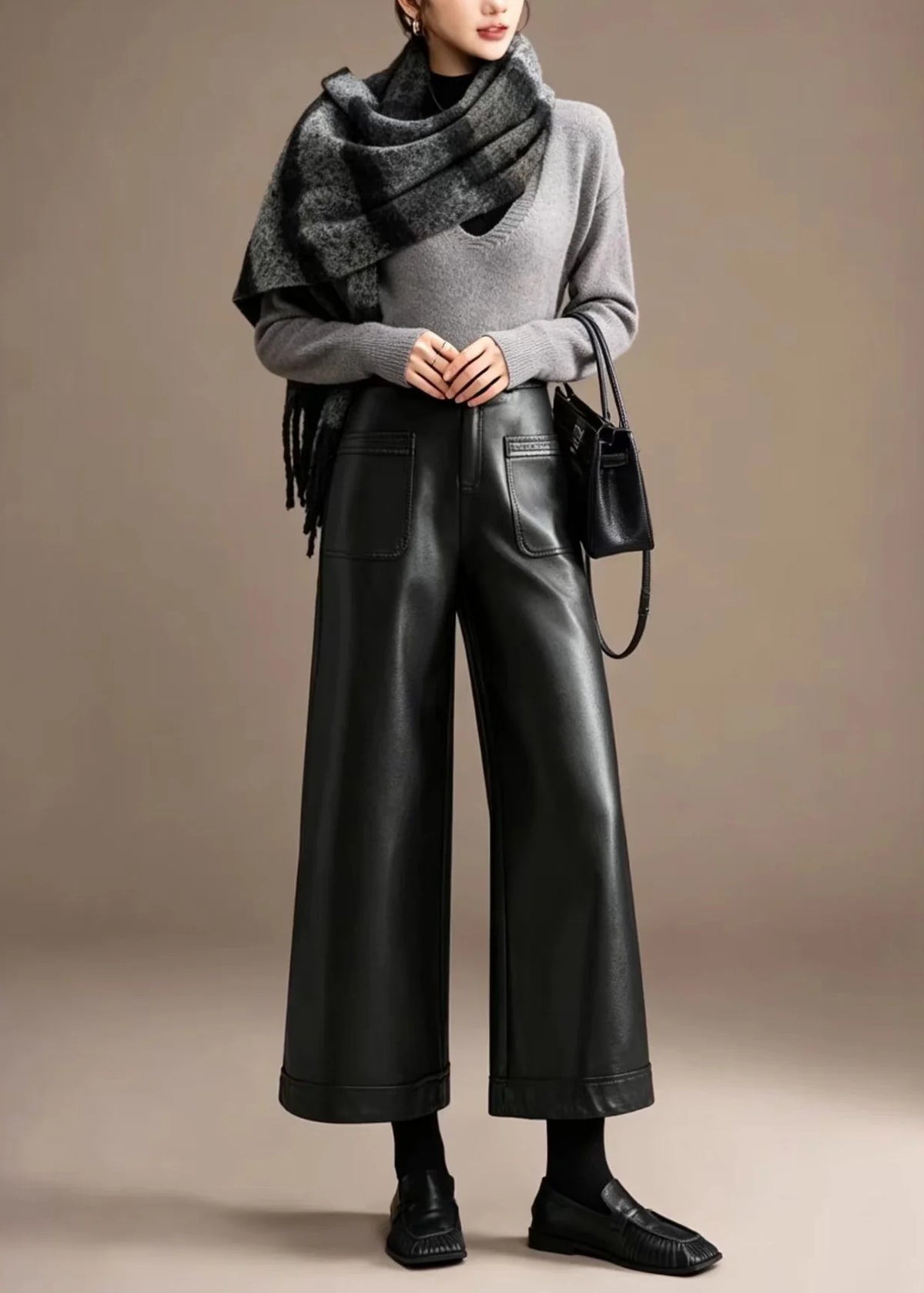 Pantalon court femme taille haute jambes larges décontracté 2