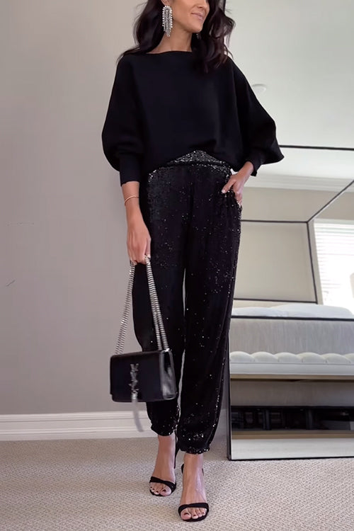 Pantalon de Jogging Femme Taille Haute à Sequins 4