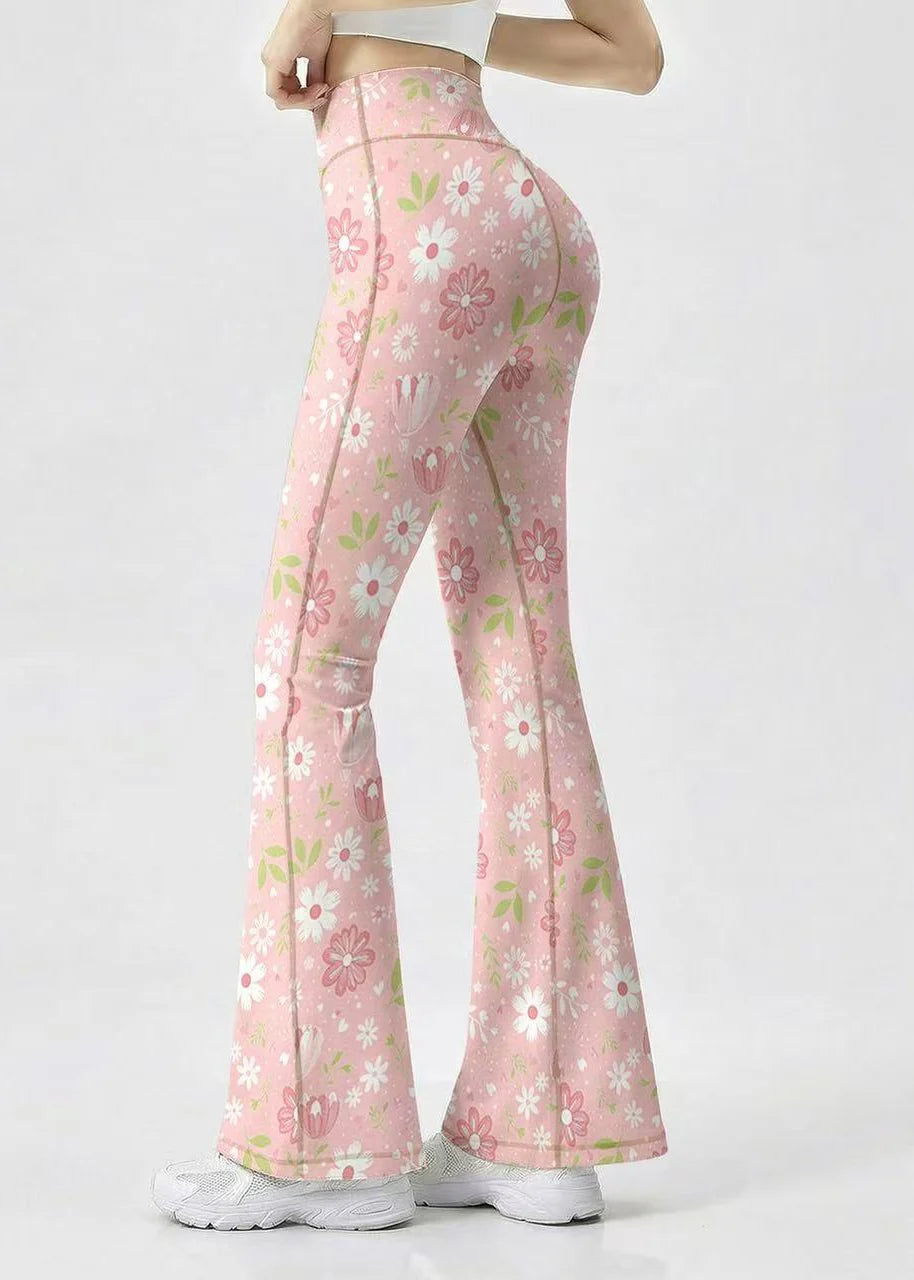 Pantalon de yoga femme taille haute évasé à imprimé floral 0