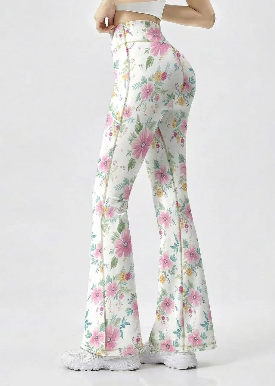 Pantalon de yoga femme taille haute évasé à motif floral 0