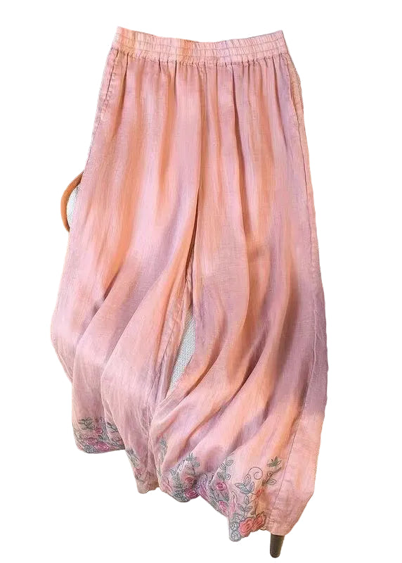Pantalon décontracté femme taille élastique brodé été 0