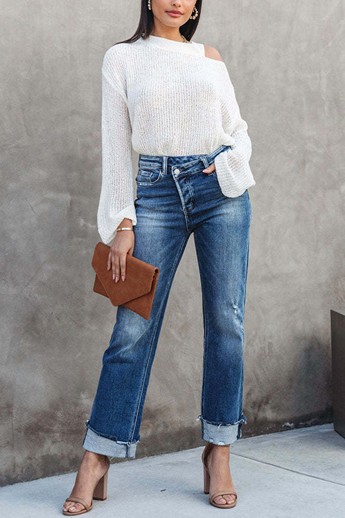 Pantalon en Denim Déchiré Taille Haute Femme 2