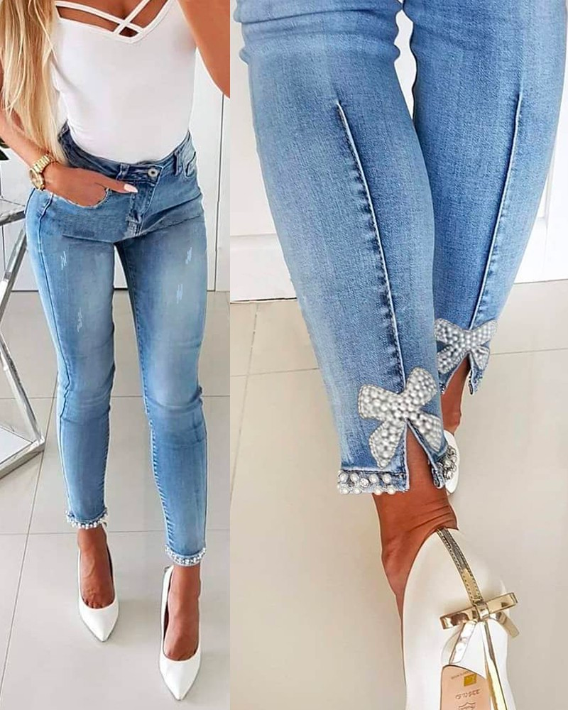 Pantalon en Jean Crayon avec Détail Nœud Papillon 0