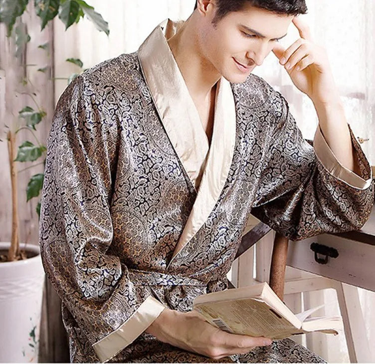 Peignoir Pour Hommes Satin Imprimé Doré Luxe 1