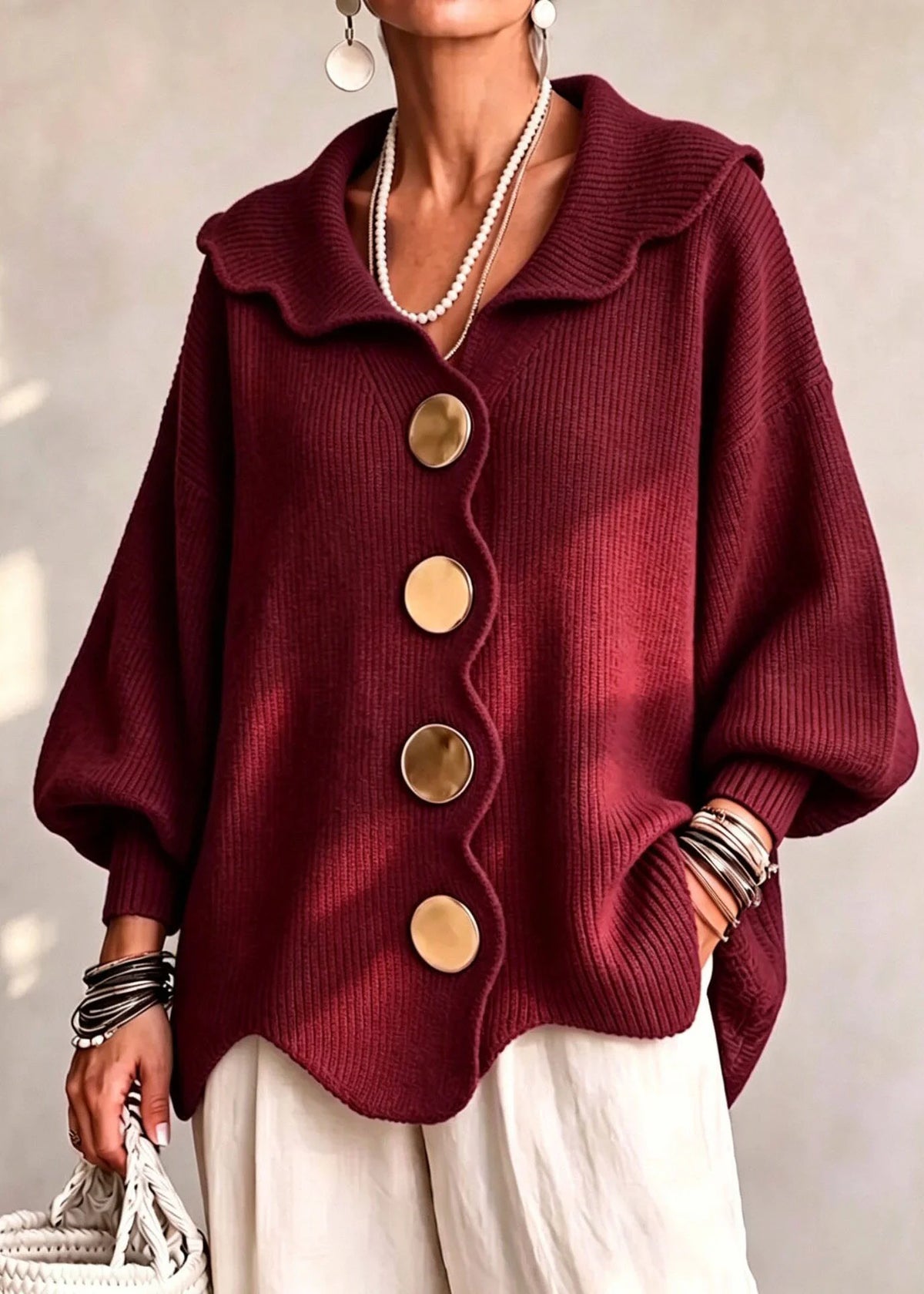 Pull Femme Col Claudine Boutonné Style Automnal Grandes Tailles 1