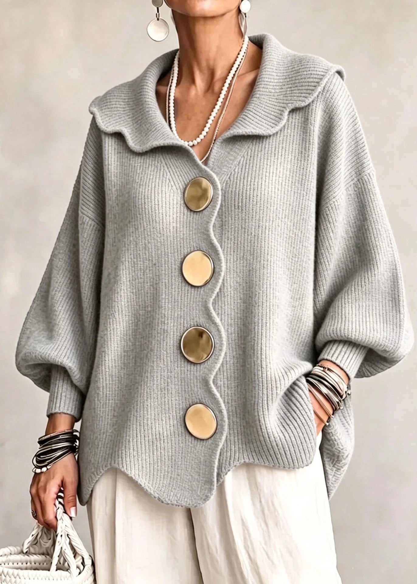 Pull Femme Col Claudine Boutonné Style Automnal Grandes Tailles 3