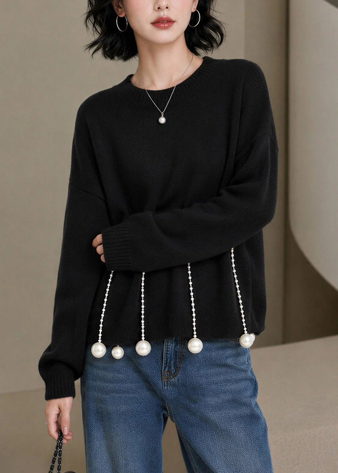 Pull Femme Col Rond Manches Longues avec Détails Perles 3