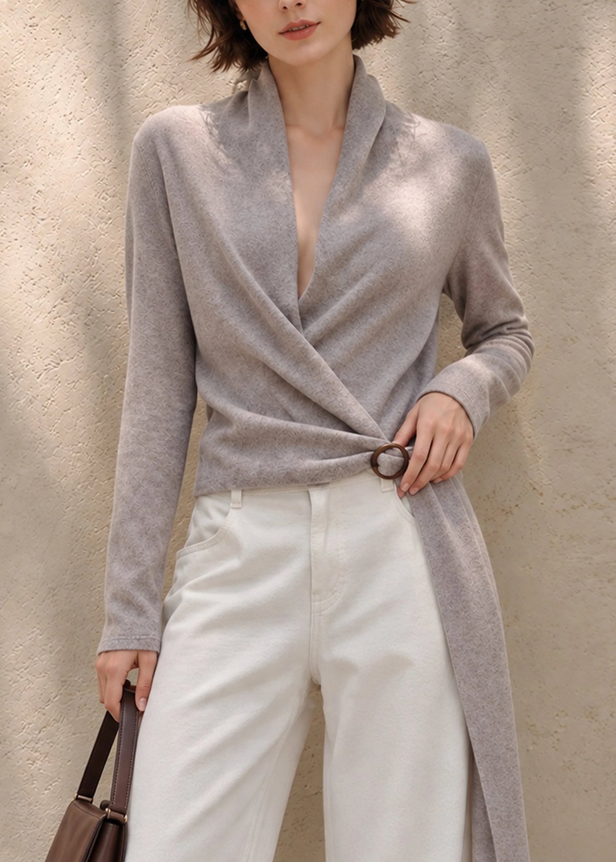 Pull Femme Col V Croisé avec Ceinture Automnal 2