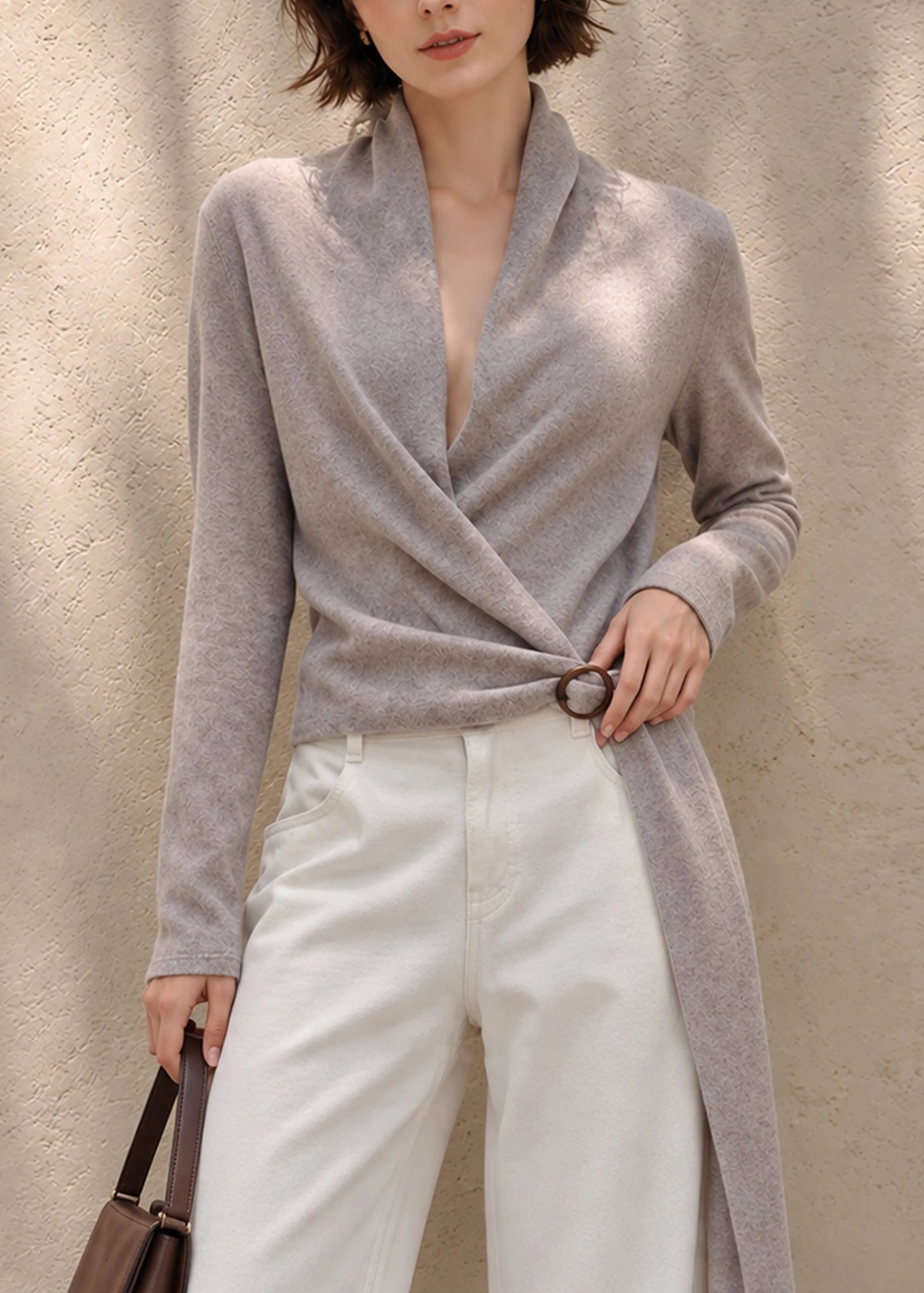 Pull Femme Col V Croisé avec Ceinture Automnal 2