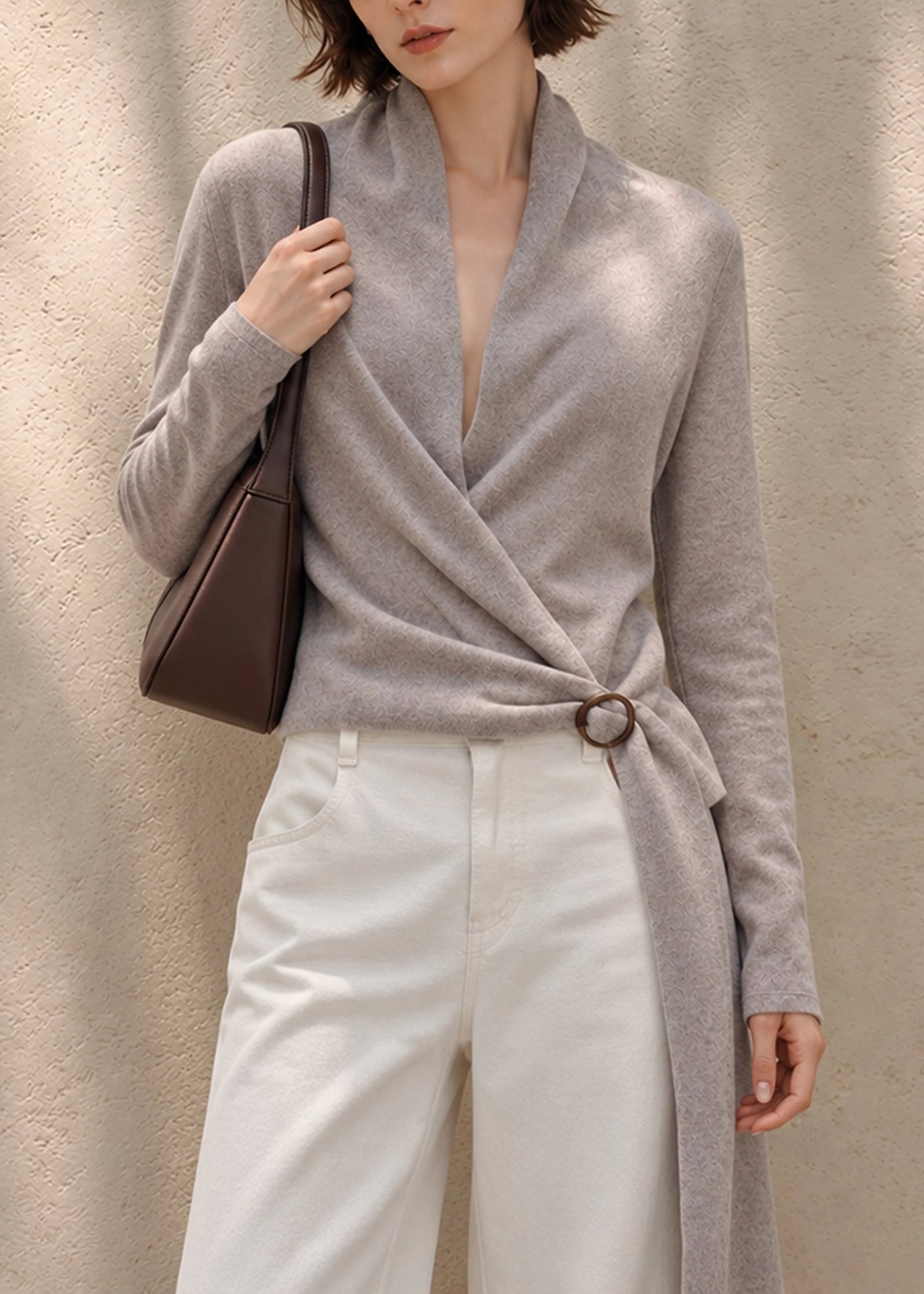 Pull Femme Col V Croisé avec Ceinture Automnal 4