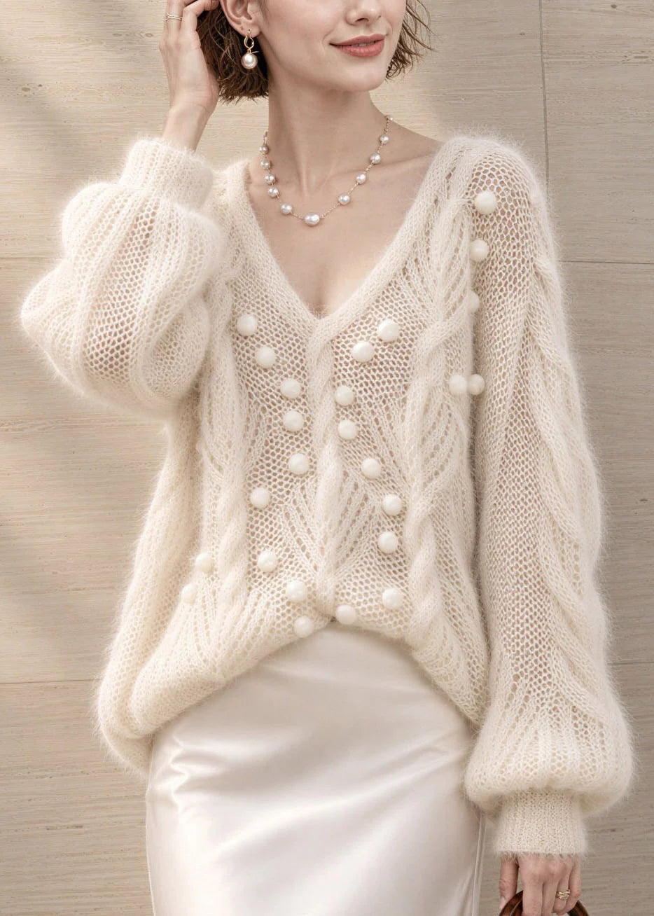 Pull Femme Col V Patchwork avec Pompons Style Automnal 1