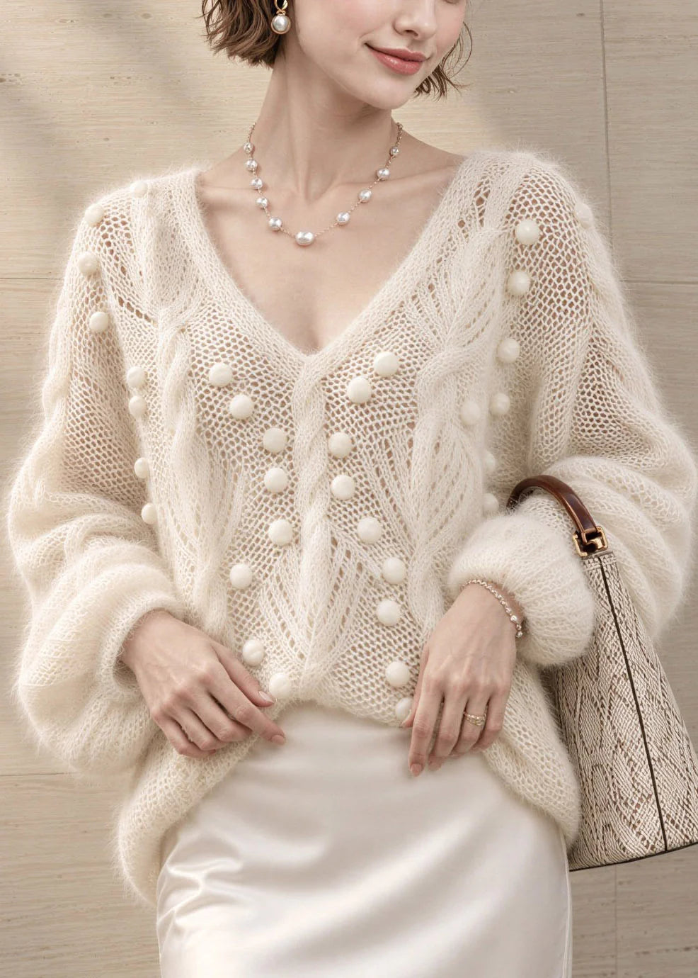 Pull Femme Col V Patchwork avec Pompons Style Automnal 3