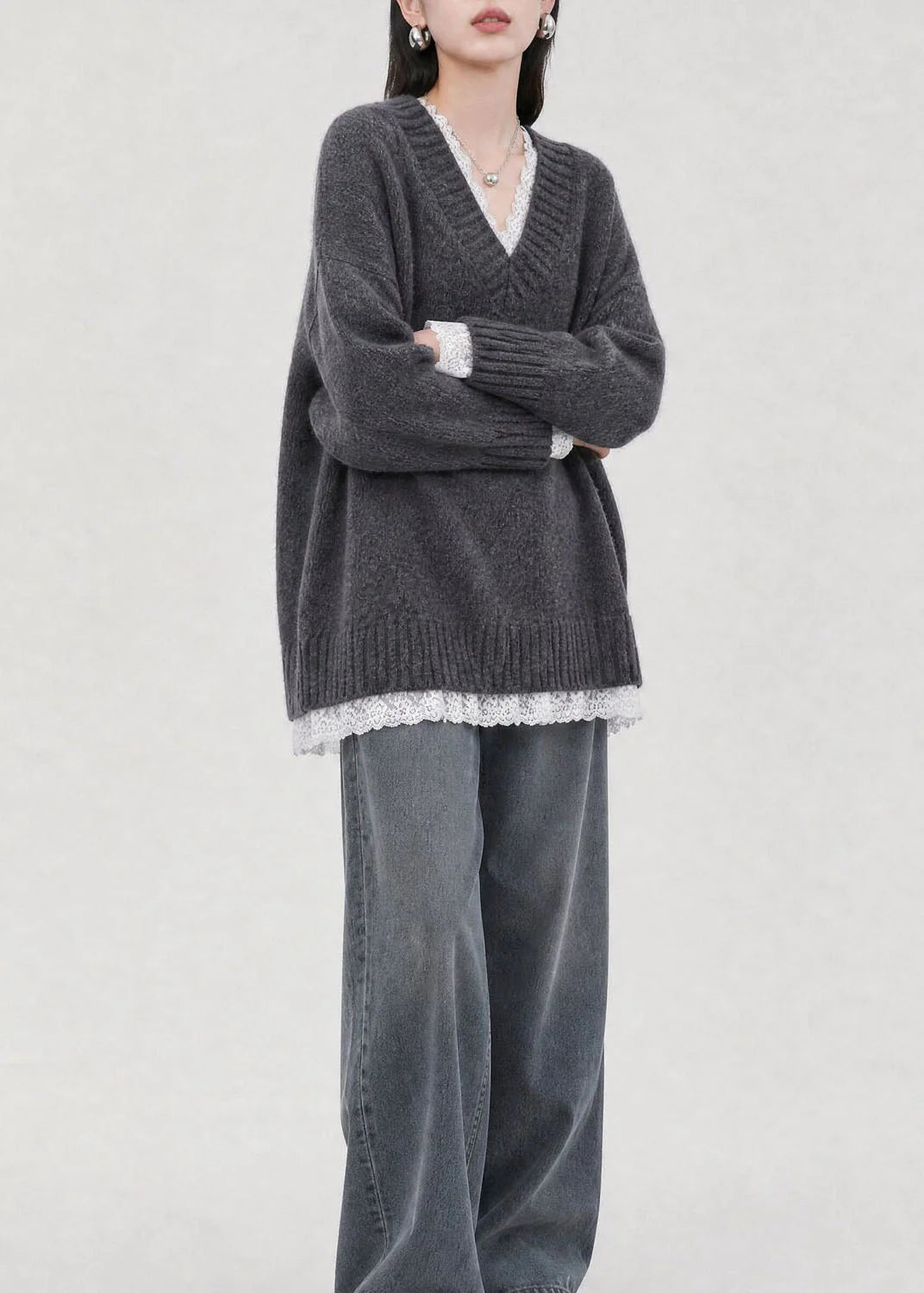 Pull Femme Col V avec Empiècements en Dentelle Automnal 2